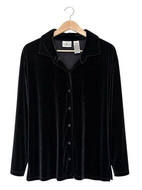 VTG Womens Black Velvet‎ Whimsigoth Button Up Top PXL Goth Grunge Vamp
